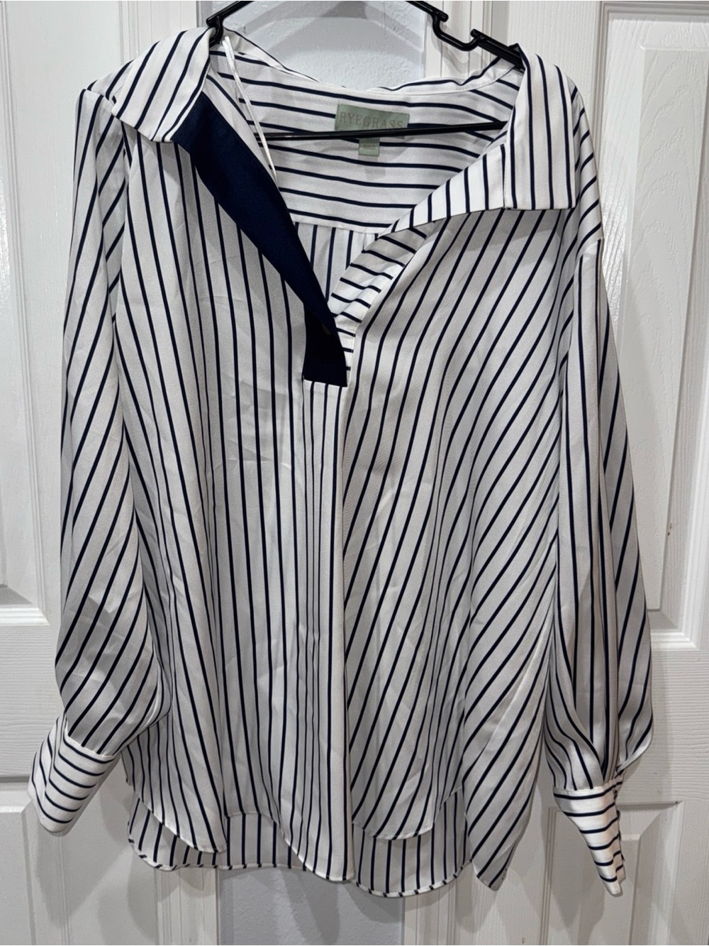 Striped Button-Up Blouse in White and Navy